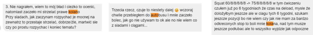 Informacja o bólu kolana podczas przysiadów.