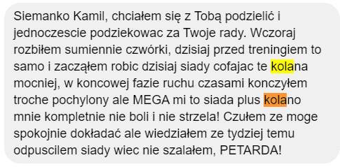 Wiadomość od Kevina o zniknięciu bólu kolana podczas przysiadów.
